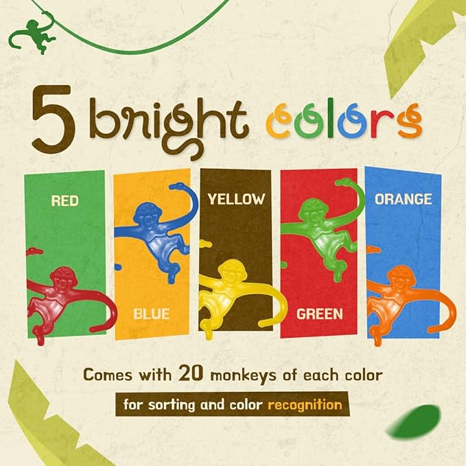 Mareta Bucket of Monkeys Classic Game, 100-pc Counting Games for Kids Ages 3+, Color Sorting, Linking, Motor Skills, Preschool Homeschool Learning Toys.