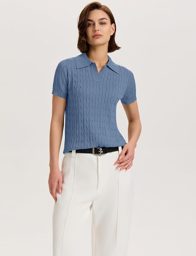 Micoson Womens Short Sleeve Sweater Tops Lapel V Neck Polo Shirts 2026 | Summer Cable Knit Loose Blouses, Business Casual Outfits