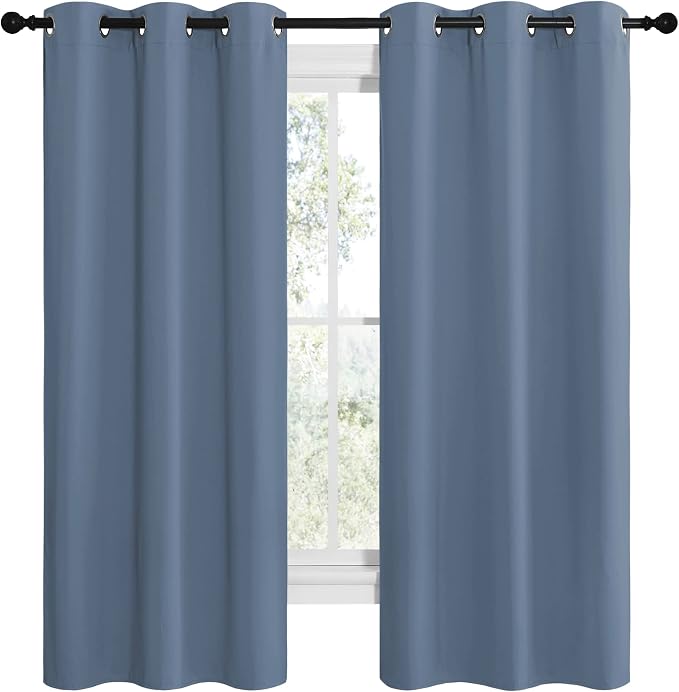 NICETOWN Short Curtains for Kitchen, Thermal Insulated Solid Grommet Blackout Window Treatment Curtain Panels for Loft, Cafe (Stone Blue, 1 Pair, 42 inches Wide by 68 inches Long)