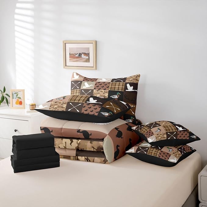 Feelyou Brown Hunting Camo Comforter Set with Sheets 7 Piece King Size Camouflage Duck Bedding Set for Kids Boys Girls Wild Animal Hunter Bed in a Bag Room Decor Soft Lightweight Microfiber