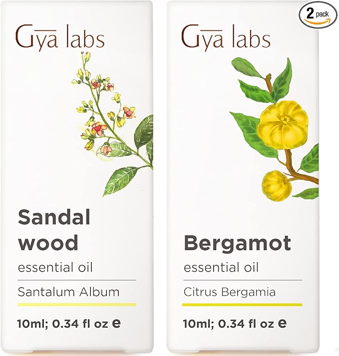 Sandalwood Essential Oils for Diffuser & Bergamot Oil for Hair Set - Aromatherapy Grade Essential Oils Set - 2x0.34 fl oz - Gya Labs