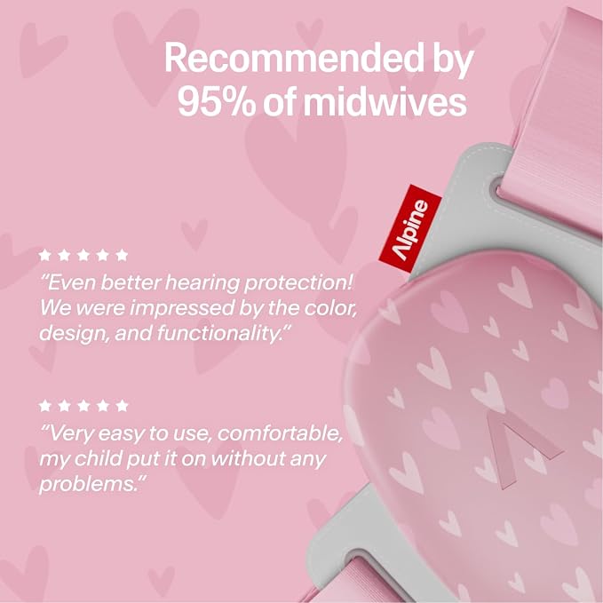 Alpine Muffy Baby Comfort - Protects Hearing for Babies and Toddlers - CE & ANSI Certified - Headband for Safe fit & Comfort - Adjustable for Ages 3-48 Months - 24dB Sound Reduction, Hearts