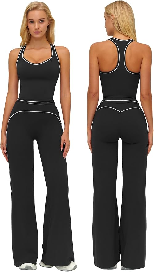 ABOCIW Two Piece Workout Sets for Women Racerback Tank Top Matching High Waist Wide Leg Yoga Pants Pilates Outfits