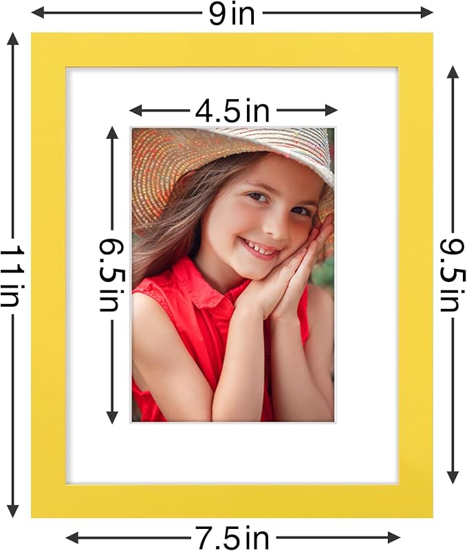 Vittanly 8x10 Picture Frames Set of 9 for Wall or Tabletop Display, Yellow | Display Pictures 5x7 with Mat or 8x10 without Mat, Small Photo Frames, Engineered Wood with Shatter Resistant Plexiglass