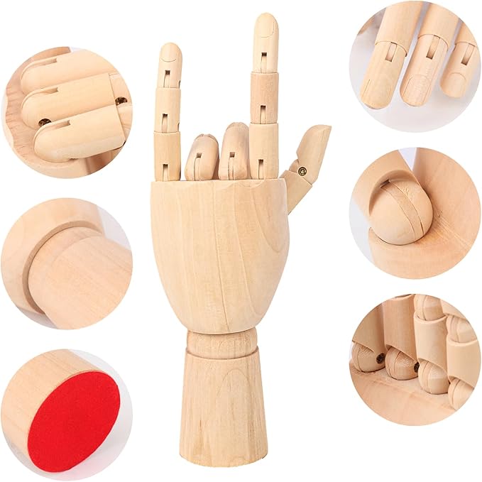 IHDYPPEW 4 Pack 7 Inch Wooden Hand Model, Flexible Left and Right Wood Art Mannequin Wooden Artist Hand Model, Wooden Manikin Hand for Sketching, Painting, Sample Display and Home Decor
