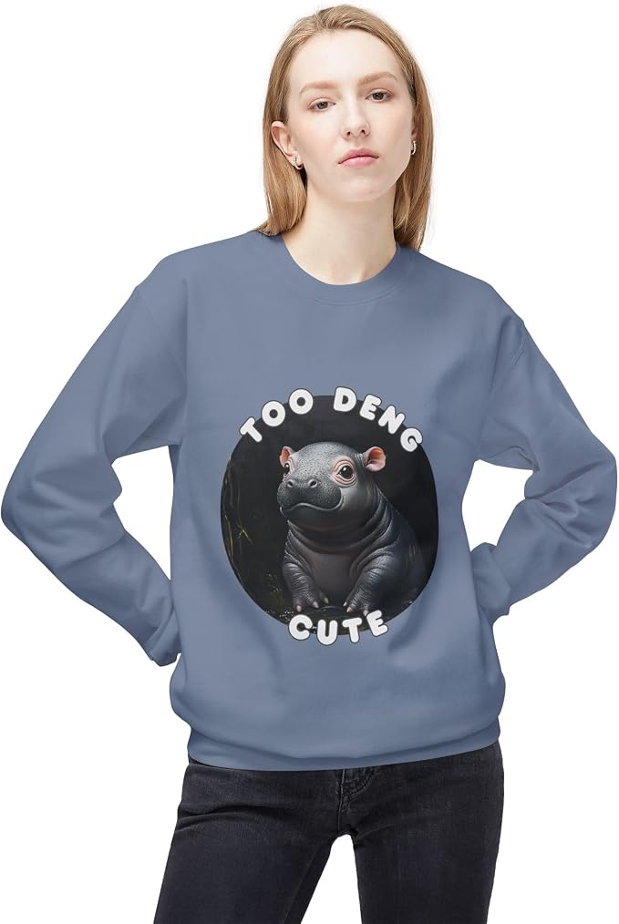 Unisex Fleece Crewneck Sweatshirt - Too Deng Cute Moo Deng Hippo, Cozy Cotton Blend, Classic Relaxed Fit