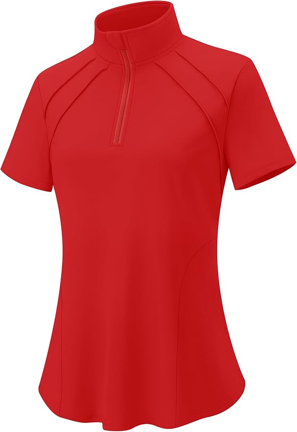 LOMON Womens Golf Polo Shirt Summer Short Sleeve Quarter Zip Outfit | Side-Pockets,Princess Seams,Cotton,Wrinkle Free,Moisture Wicking,Quick-Dry,Lightweight,Collared,for Tennis Workout