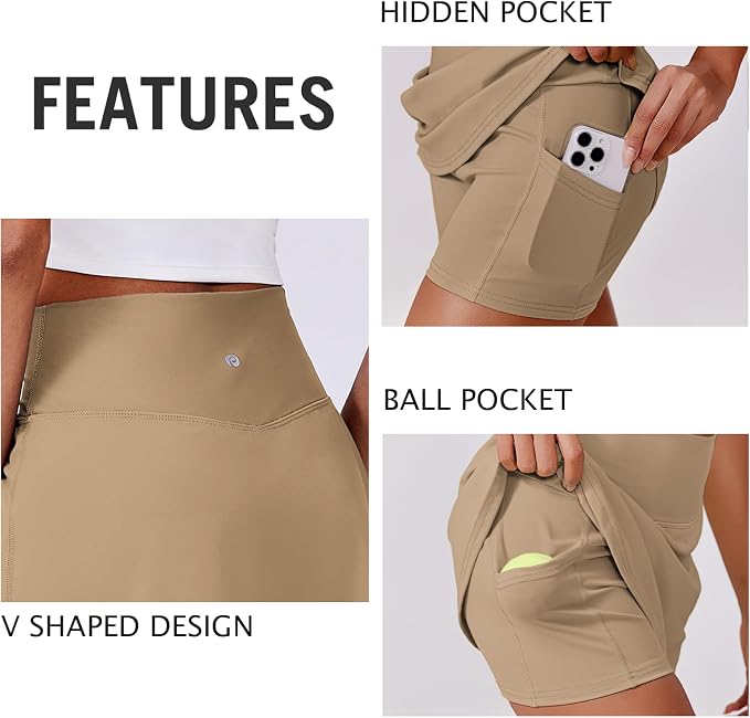 PINSPARK 14" Womens Tennis Skirt High Waisted Golf Skort with 2 Pockets | Built-in Shorts, A Line, Tummy Control, Stretchy, Casual, Mini, Workout, Pickleball, Running, Skort for Woman