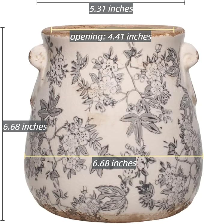 Rustic Farmhouse Ceramic Flower Pots, Vintage Antique Crock Planter & Vase | Terracotta Pots for Indoor/Outdoor, Handmade Crackle Glaze Terracotta Pottery, Home Kitchen Office Decor, Gardening Gifts