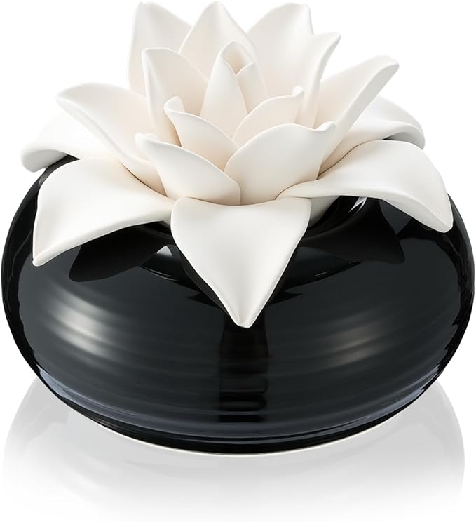 Honeydak 1 Pcs Ceramic Essential Oil Diffuser, Non Electric Reedless Passive Porcelain Flower Aromatherapy Diffuser, Decorative Floral Design Tabletop Office Home Bathroom Decor (Magnolia)