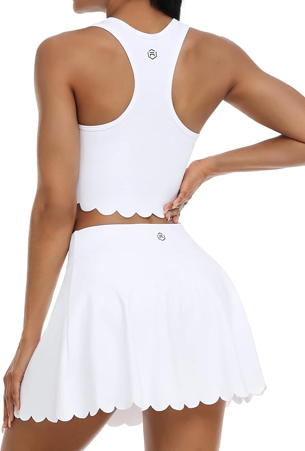 ATTRACO Tennis Outfits for Women Racerback Golf Dress Workout Dress | Athletic Skirt Set, Built-in Shorts, 2 Pockets, Scalloped, Racerback, High Waisted, Pickleball, Workout Set