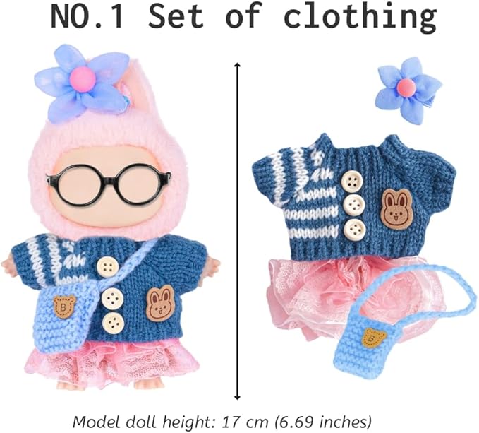 ebuddy 3 Sets Doll Clothes for 17cm Plush Doll - Fashion Outfit Collection Knit Tops + Tulle Skirts + Floral Hair Clips & Bags -Clothes Only No Glasses