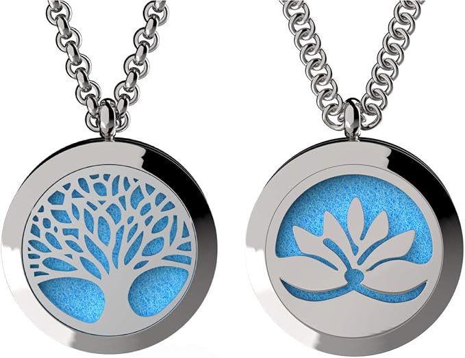 Tree of Life and Open Lotus Essential Oil Diffuser Necklace Stainless Steel Pendants with 24" Chains + 12 Refill Pads