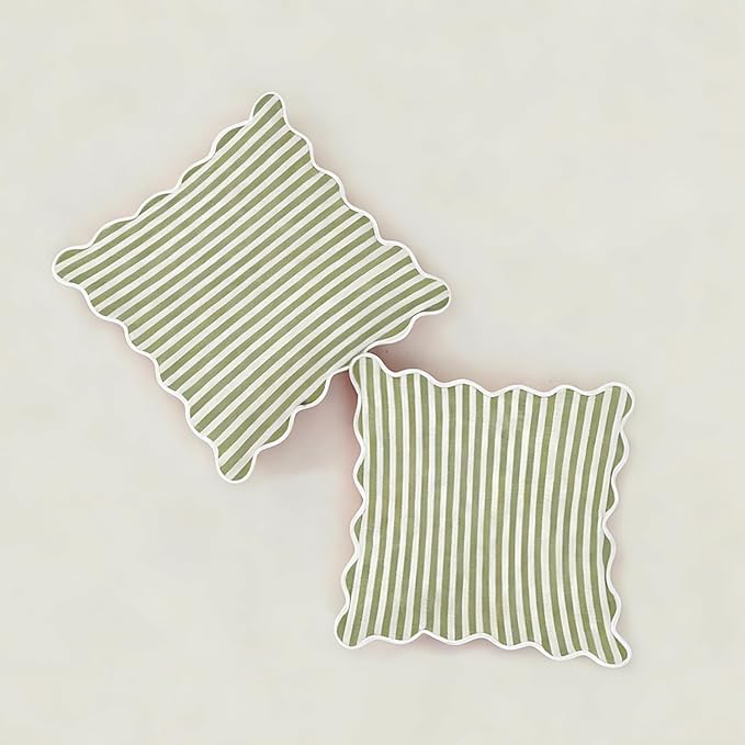 Scalloped Throw Pillow Covers | Decorative Couch Pillows | Cute Stripe Pillow Cases | Boho Sytle for Living Room (Green & White, 16x16 Inch)
