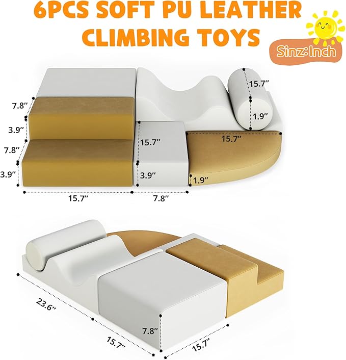 IDEALHOUSE Toddler Climbing Toys, 6 Pieces Soft Foam Blocks for Toddlers, Lightweight Foam Climbing Blocks for Crawling & Sliding，Easy Clean Indoor Active Play for Kids, Yellow