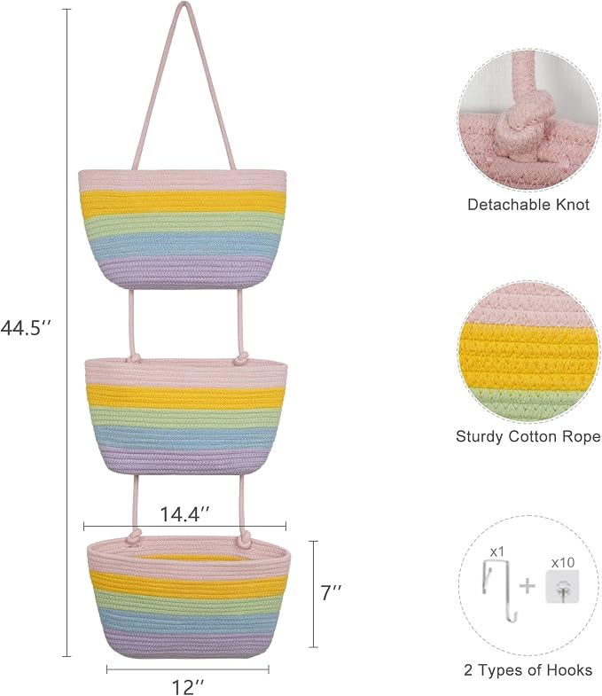 TeoKJ Over the Door Hanging Basket, 3-Tier Woven Cotton Wall-Mounted Storage Organizer Bag Decorative Hanging Nursery Baskets, Rainbow