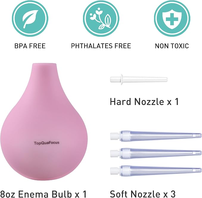 TopQuaFocus 8oz Enema Bulb Kit Anal and Vaginal Douche Bulb for Men Flushing System Enemas Silicone Bulb 4 Replaceable Tips (Pink, 224ml)