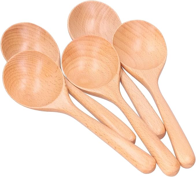 Soup Spoons,5PCS Wooden Spoons for Eating Wood Long Handle Rice Dessert Cooking Tasting Dinner Table Spoon Soup Spoons Asian Soup Spoon (Wood)