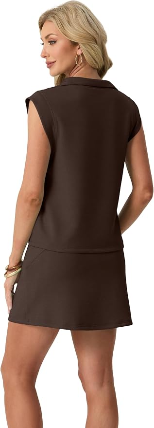 GRECERELLE Women's 2026 Summer 2 Piece Skort Sets Cap Sleeve Zip Collared Top Matching Tennis Skirt with Pockets for Athletic