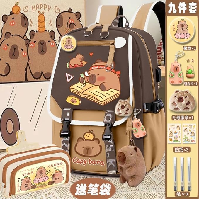 Kapibara Capybara Cartoon Backpack Gift Large Capacity Waterproof Kapibara stuff kawaii backpack with pins and Accessories (Pattern 2)