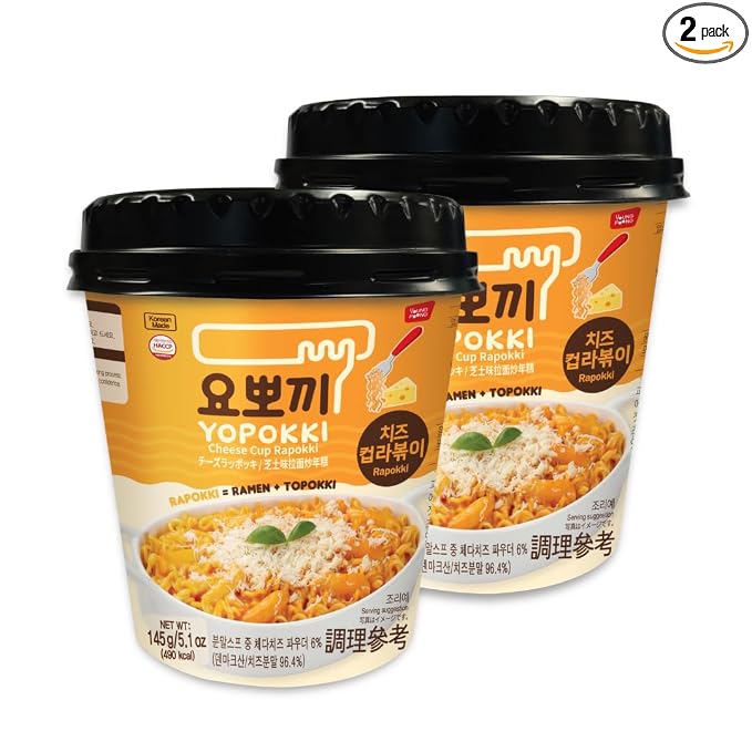 Yopokki Instant Rabokki Cup – Korean Tteokbokki Rice Cakes with Ramen Noodles, Quick & Easy Korean Street Food, Asian Snacks for College Dorms (2 count, CHEEZE)