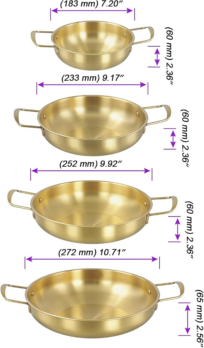 JOIKIT 4 Pack Korean Ramen Pot with Handles, Stainless Steel Ramen Cooking Pan, Golden Soup Pot for Noodles, Pasta, Home and Outdoor Use, Dishwasher Safe (7.2in,9.1in, 9.9in, 10.7in)