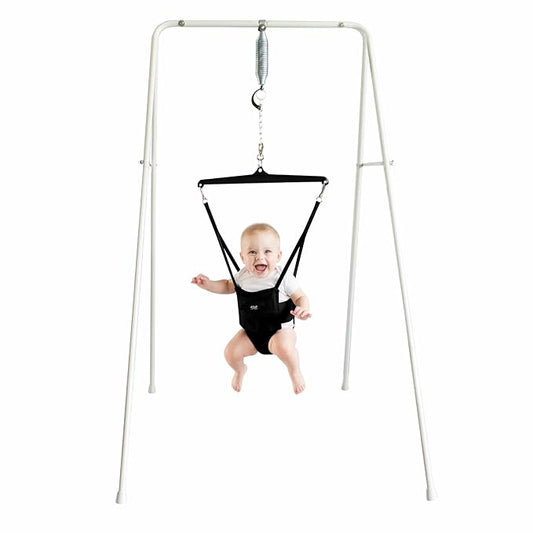 Jolly Jumper Classic (Carbon Black) with Stand - Original Baby Jumper, Indoor and Outdoor Exercise Saddle Seat, Adjustable Height, for Infants up to 28lbs