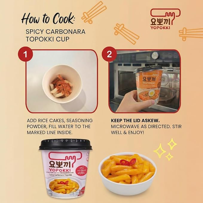Yopokki Instant Tteokbokki Rice Cakes Korean, Topokki Cup - Great with Cheese and Ramen Toppings, Korean Snacks for College Dorm, Korean Street Food Quick & Easy to Prepare, Pack of 2 (2 Cups, Spicy Carbonara)