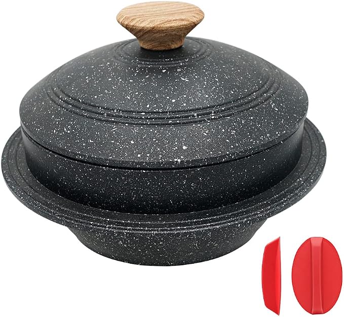 Cast Aluminum Pot with Lid, 63 oz Non-Stick Casserole Dish Korean Stone Bowl Induction Compatible, 1875 ml - Black