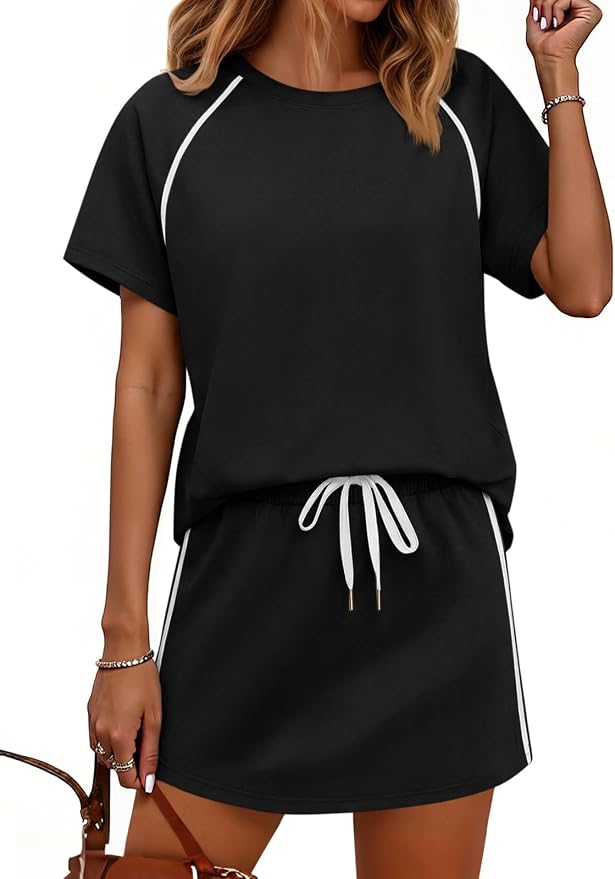 Womens 2 Piece Skirt Sets Summer Tennis Outfits Vacation Skort Set | Two Piece Sets, Short Set, Athletic Workout Golf Outfits, Crew Neck, Color Block, Drawstring, Workout Mathcing Lounge Sets