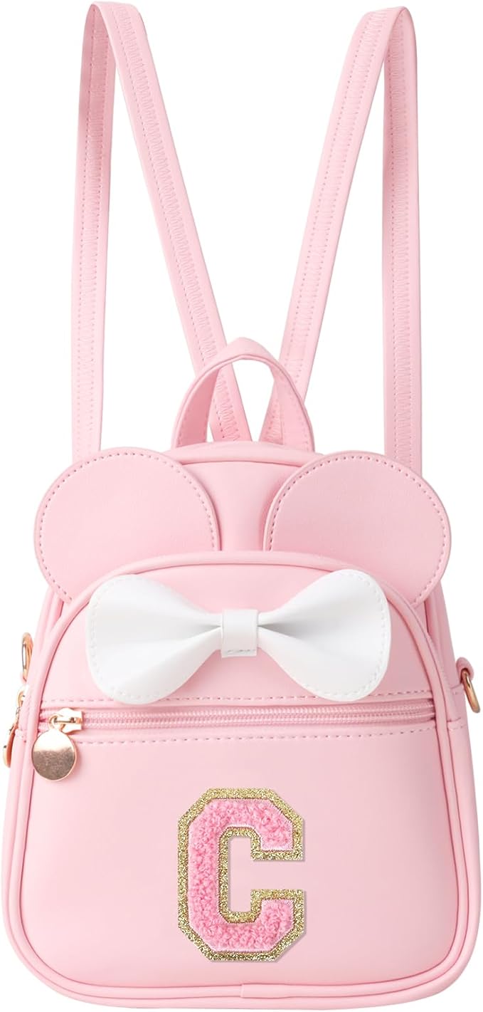 Personalized Toddler Backpack for Girls 3–10, Cute Mini Bowknot Mouse-Ear Toddler Bookbag Crossbody Purse, Small Daypack Wallet Set, Initial Birthday Gift, Trendy Little Kids/Teen Bag(Pink,C)