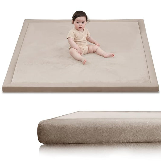 Huloo Sleep Baby Play Mat for Floor,1.3" Thick Elasti-Foam 50x50 Playpen Mat for Toddlers Infant Kids,Water-Repellent Soft Coral Velvet Tummy Time Mat,Non Slip Crawling Mat,Tatami Mat(Beige)