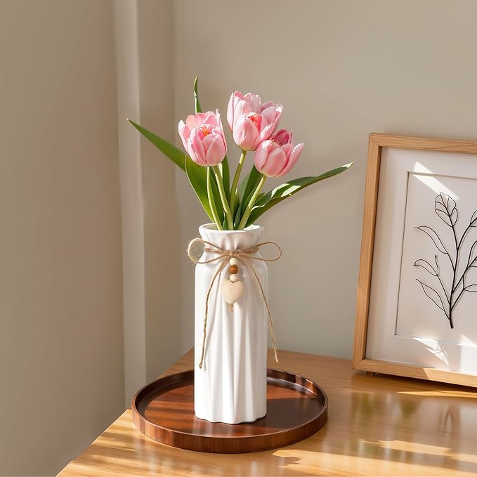 Elegant 8 Inch Ceramic Vase with Geometric Pattern, Decorative Vase with Jute Rope & Heart Charm for Home Décor, Table Centerpieces, and Gifts, Ideal for Living Room, Bedroom, and Office