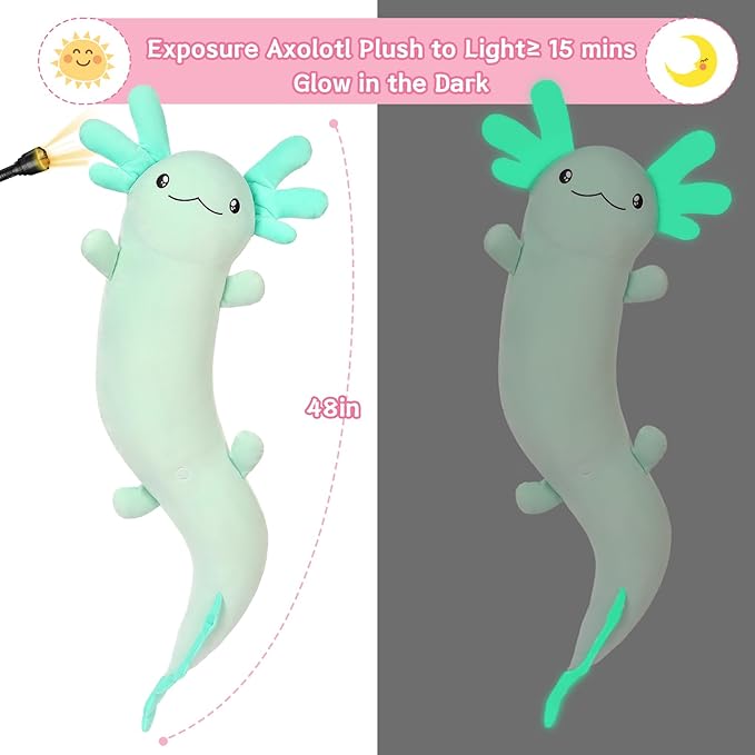 MaoGoLan Giant Axolotl Plush Stuffed Animal,Big Salamander Plush Pillow Toy,Jumbo Stuffed Salamander Body Pillow for Kids, Axolotl Plushies Glow in The Dark,Holiday Birthday Gifts Green