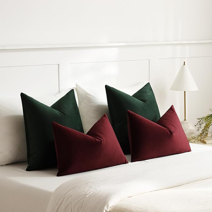 Euro Sham Covers 26x26 Dark Green: Pack of 2 Cozy Soft Velvet Square Modern Luxury Decorative Throw Pillow Cases for Sofa Couch Living Room Bed Home Decor