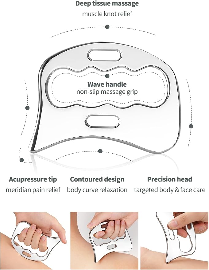2-in-1 Stainless Steel Gua Sha Massage Tool Set, Muscle Scraper & IASTM Tools for Soft Tissue Mobilization, Myofascial Release, Body Skin Massage, Physical Therapy Sore Muscle Relief with Travel Pouch
