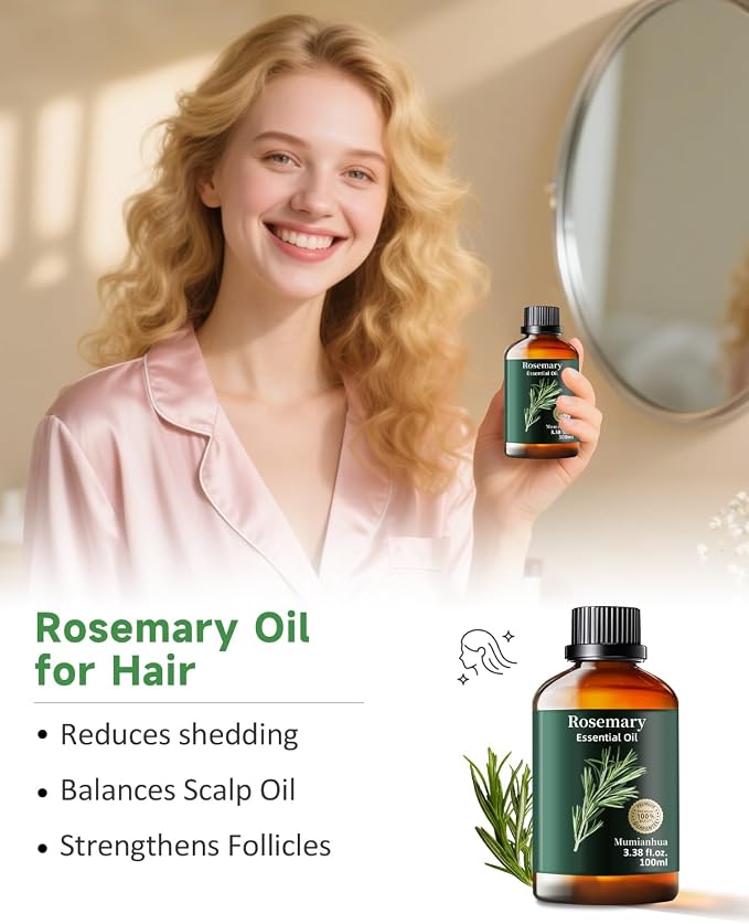 Rosemary Essential Oil, Herbal Scent, Diffuser, Hair & DIY, 3.38 Fl Oz | Mumianhua Rosemary Oil, Steam-Distilled. Herbal Aroma. For Scalp, Skin, Hair, Focus & DIY Cleaning. Dilute Before Use