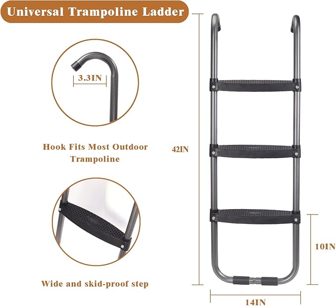 Trampoline Ladder 2/3 Steps, Trampoline Steps with Wide Steps, Skid-Proof Steps Universal Hook, UV Treated Steel, 14FT Trampoline Stairs Accessories for Kids/Children, 220Lbs Capacity