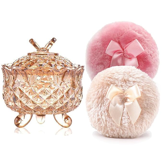 Luxury 4 Inch Glass Powder Container with 2 Soft 3.5" Puffs, puff Jar,Loose Powder Storage,Easter Gifts for Women(Butterfly-Amberl)