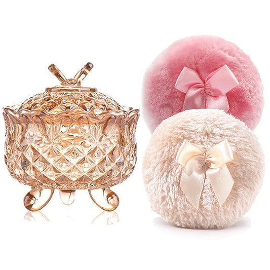 Luxury 4 Inch Glass Powder Container with 2 Soft 3.5" Puffs, puff Jar,Loose Powder Storage,Easter Gifts for Women(Butterfly-Amberl)