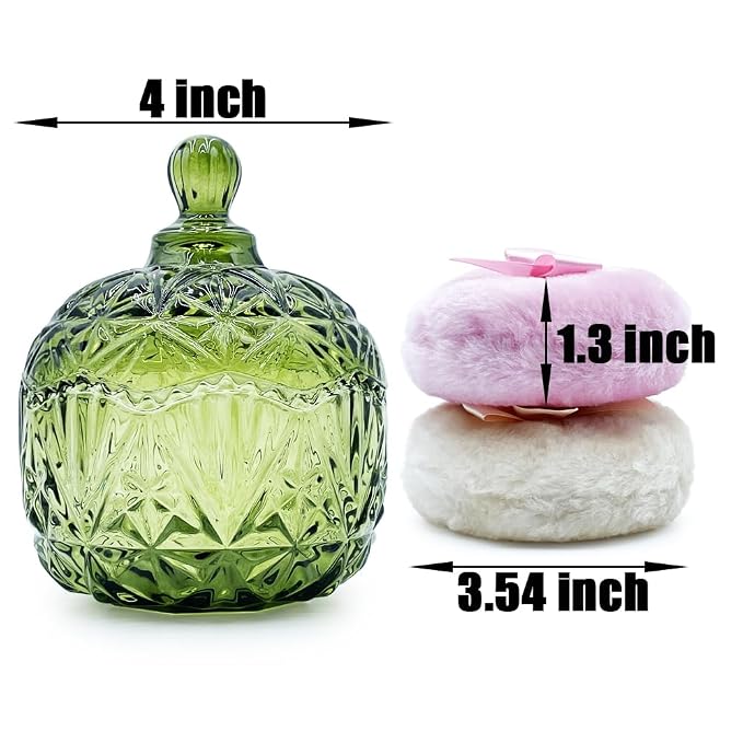 Luxury 4 Inch Glass Powder Container with 2 Soft 3.5" Puffs｜Non-Sealed Refillable Organizer for Body Powder, Makeup & Jewelry｜Setting Powder Applicator w/Loose Powder Storage(Crown-Olive Green)
