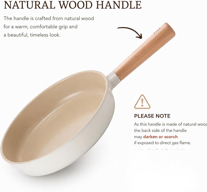 FIKA 9.5" Ceramic Coated Nonstick Frying Pan (24cm), Natural Wood Handle, Egg & Omelet Skillet for Sautéing and Everyday Cooking, All-Cooktop Compatible, Made in Korea