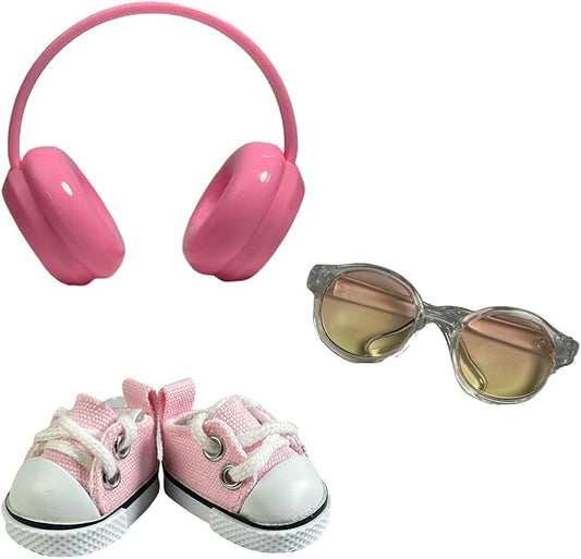 3pcs Doll Accessories Set for 17cm Doll Included Headphones, Canvas Shoes and Mini Gradient-Lens Glasses, Trendy Dress Up Accessories for 6.7 Inches 1st/2nd/3rd Gen Figures (Headphone Set - Pink)