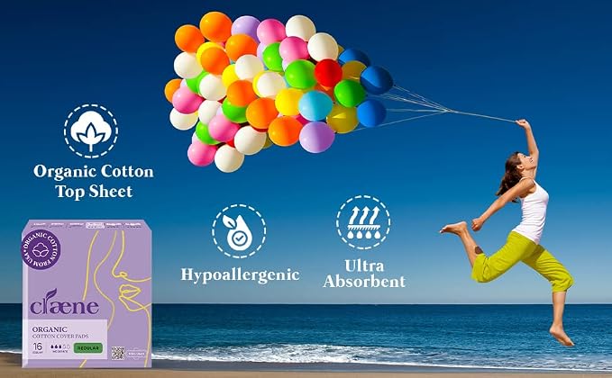Claene Organic Cotton Cover Pads, Menstrual Regular Pads for women, Unscented, Breathable, Natural Sanitary Napkins with Wings (16Pads)