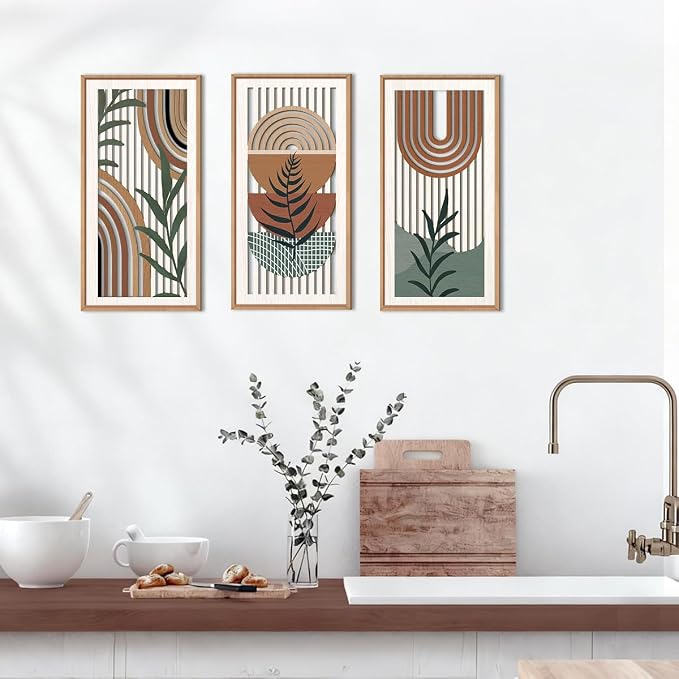 IARTTOP Boho Wood Wall Art Framed 8x16 Inch Set of 3 Mid-century Modern Abstract Wooden Wall Decor Minimalist Plant Artwork for Living room Bedroom Office