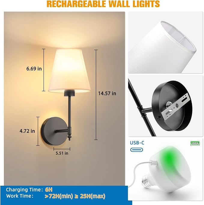 14.5 inch Battery Operated Wall Sconce Set of 2,Black Rechargeable Wall Lights with 5200mAh Dimmable Detachable Bulbs and Remote,9 Colors Wireless Sconces for Bedroom Living Room Hallway Decor