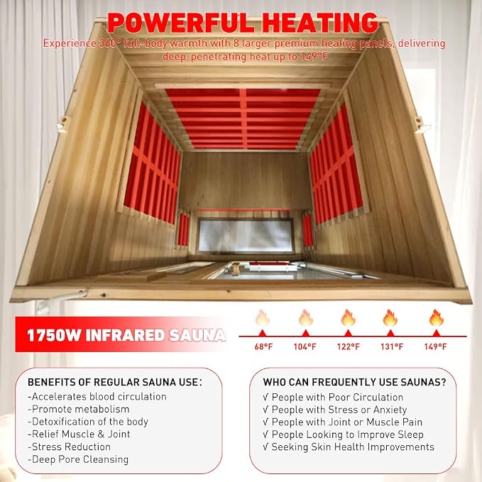 2 Person Ultra Low EMF Infrared Sauna for Home, Red Cedar Wood Far Infrared Saunas, 1750watt Indoor Personal Sauna with Door Heating Panels, Blue-tooth, 7-Color Chromotherapy Lights, 2 Outdoor Lamps