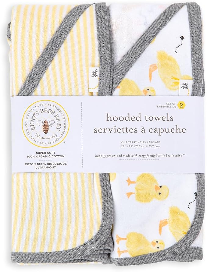 Burt's Bees Baby Infant Hooded Towels, Organic Cotton, Unisex Bath Essentials, Nursery Towel with Hood Set, 29 x 29 in, 2-Pack