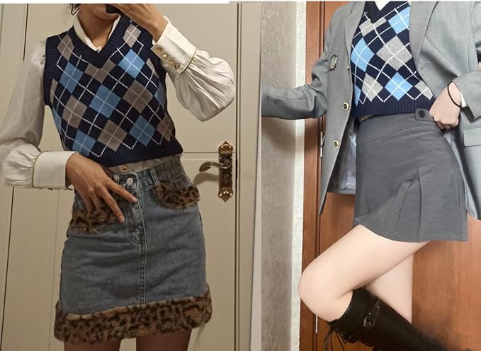 Women's Sweater Vest,Y2K Sleeveless Pattern Preppy Style Knitted Crop Tank Top for Girl