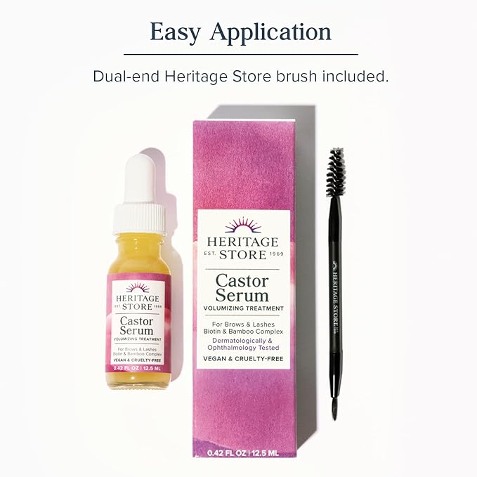 HERITAGE STORE Castor Oil Serum Volumizing Treatment for Fuller, Longer Looking Eyelashes, Bold Brows - Ophthalmology Tested Lash Serum w/Organic Castor Oil, Biotin, Vegan, 0.42oz